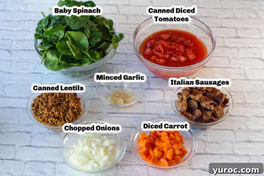 labelled ingredients for lentil and sausage stew