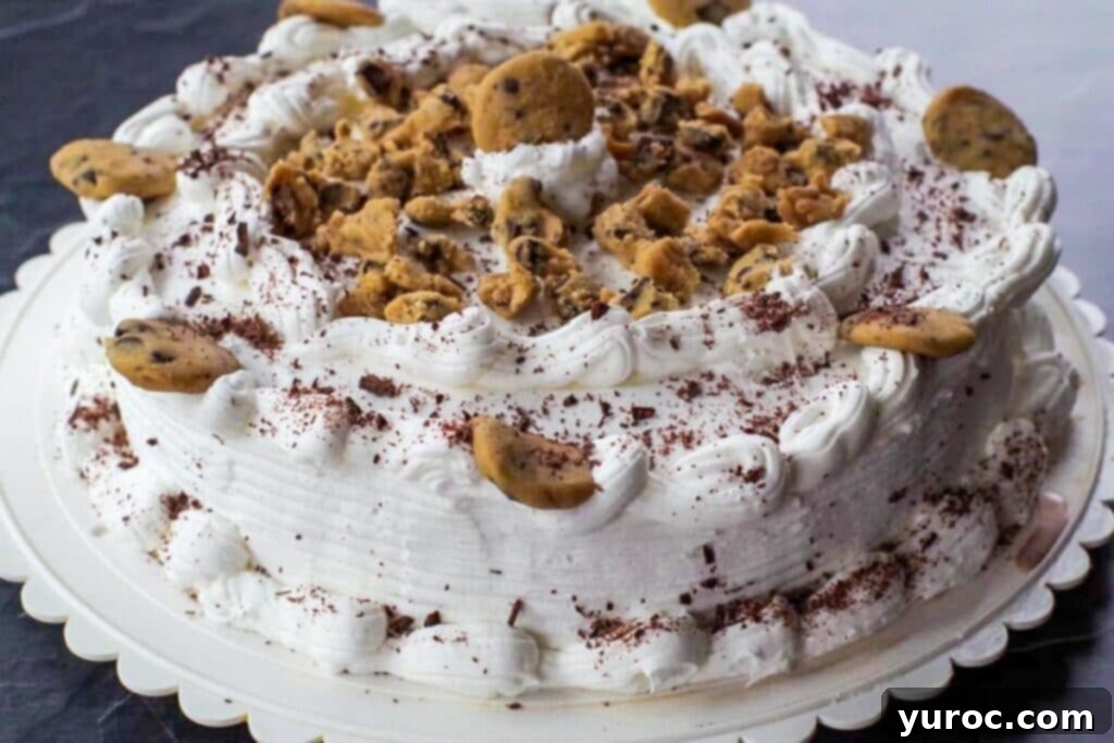 whole cookie dough ice cream cake on a white platter