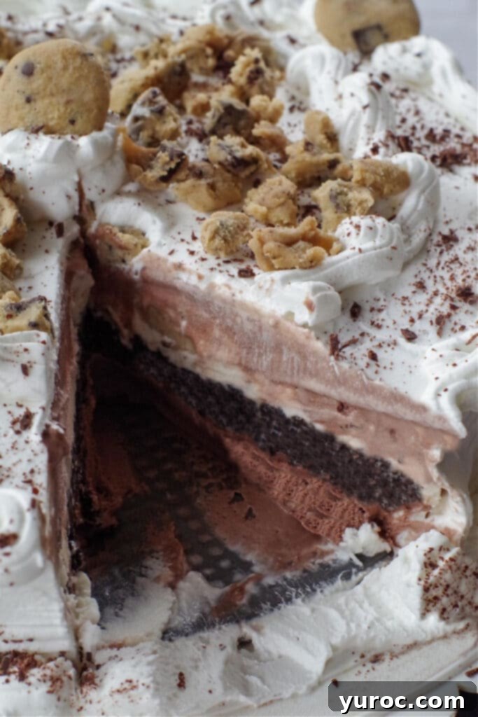 homemade Dairy Queen ice cream cake with a piece missing
