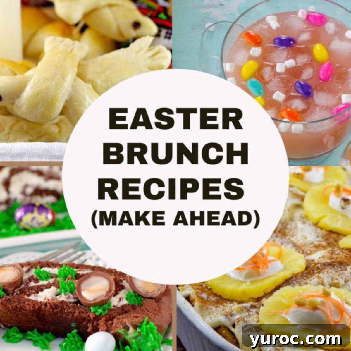 A vibrant collage of various Easter brunch recipes, including breakfast casseroles, fruity dishes, and decadent desserts, with text overlays.