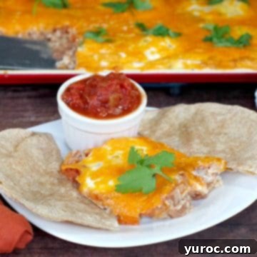 A serving of vibrant sheet pan huevos rancheros on a white plate, accompanied by a tortilla and salsa, with the sheet pan visible in the background.