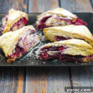 A beautiful assortment of raspberry and lemon scones elegantly displayed on a black platter, resting on a stylish bluish faux wooden surface.