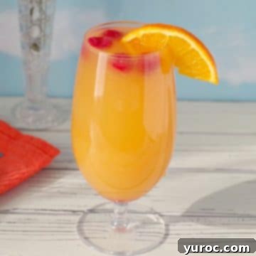 A sparkling mimosa drink beautifully garnished with fresh raspberries, promising a refreshing and festive experience.