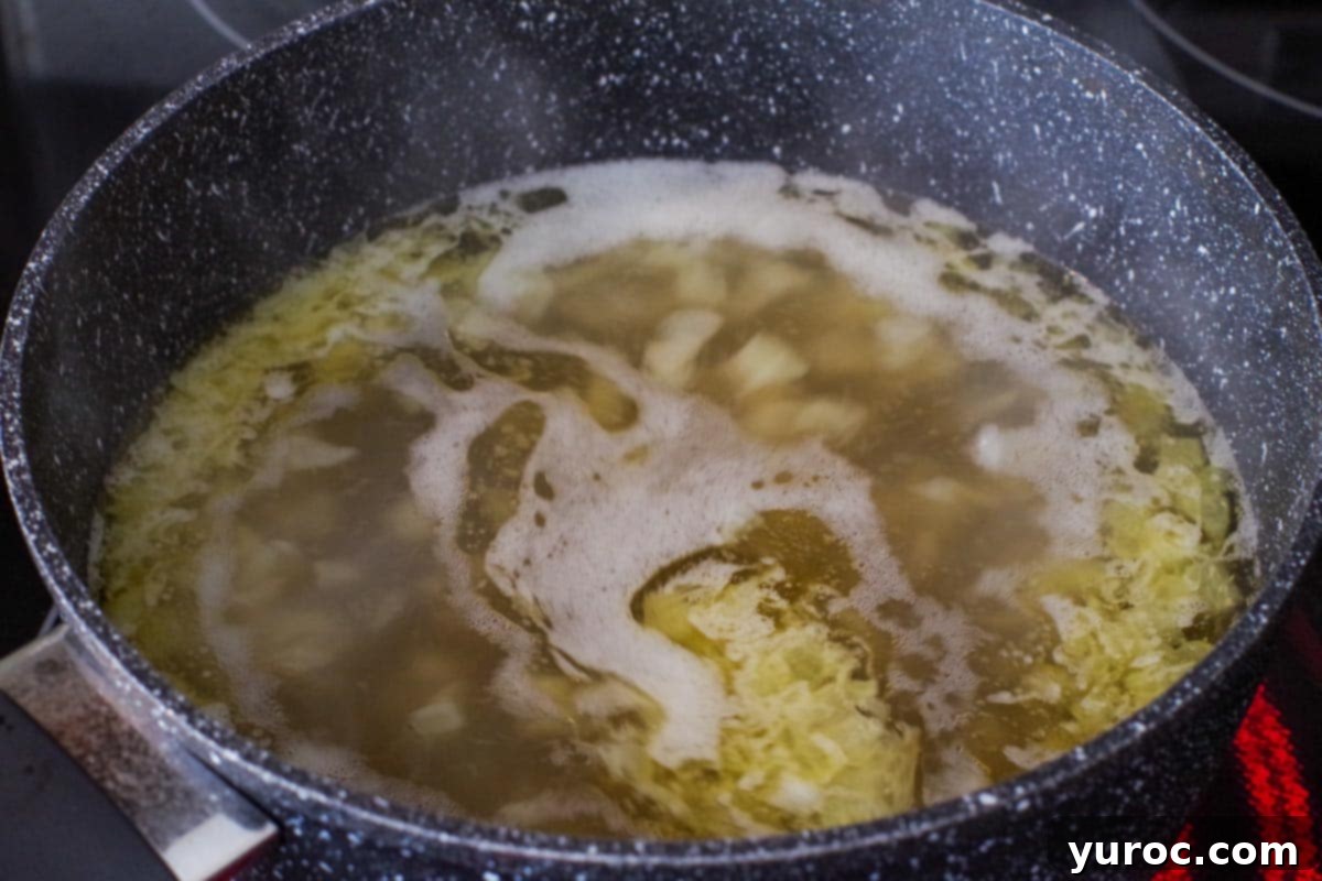 beef stock boiling on stove with onions and butter
