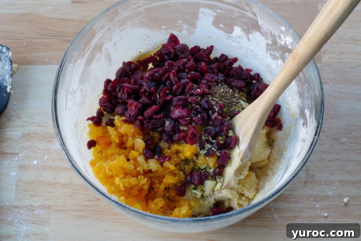 Cranberries, apricots, fennel and anise mixed in with the dough, adding festive colors and aromas.