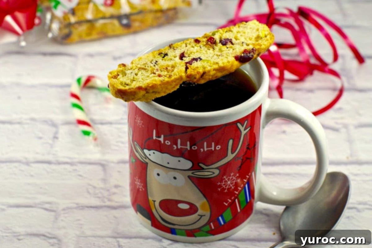 Christmas biscotti sitting on a Christmas mug of coffee with a spoon to the right, illustrating a perfect pairing.