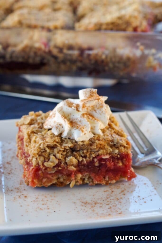 A beautifully presented rhubarb square on a simple white plate, with a larger glass baking dish of more squares blurred in the background, showcasing the dessert's appeal.