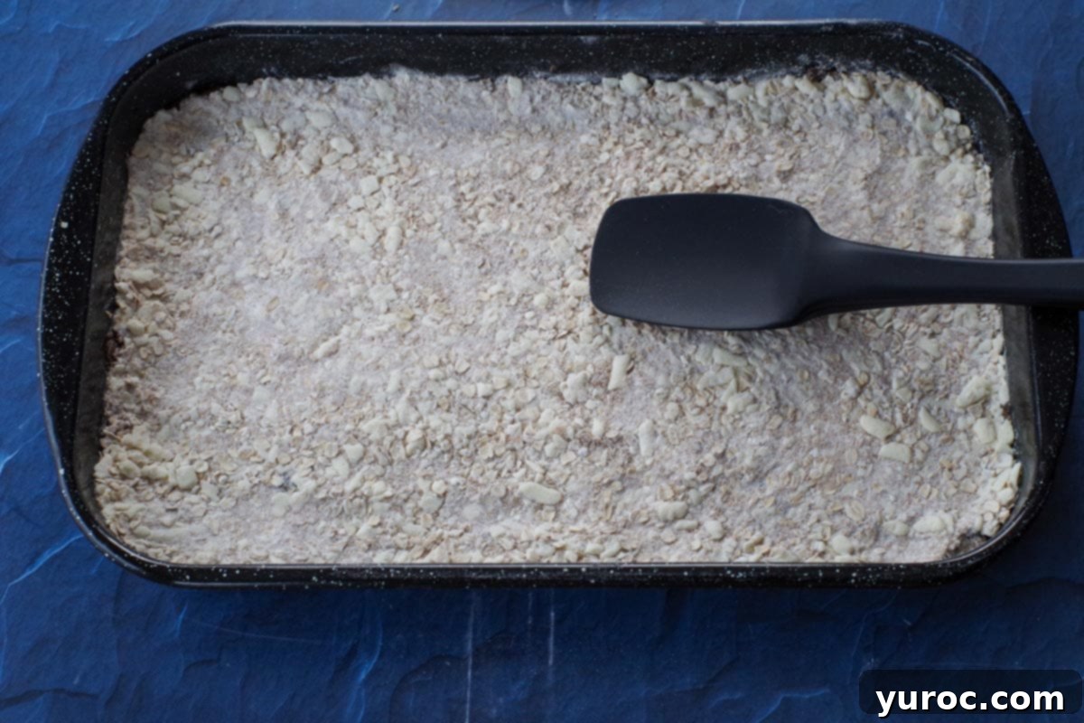 remaining oat flour mixture spread on top of date layer with black spatula