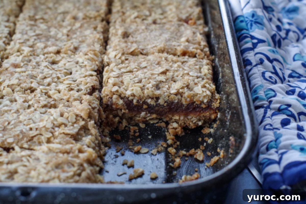date squares in a pan with 2 removed, with blue patterned oven mitt on the side.