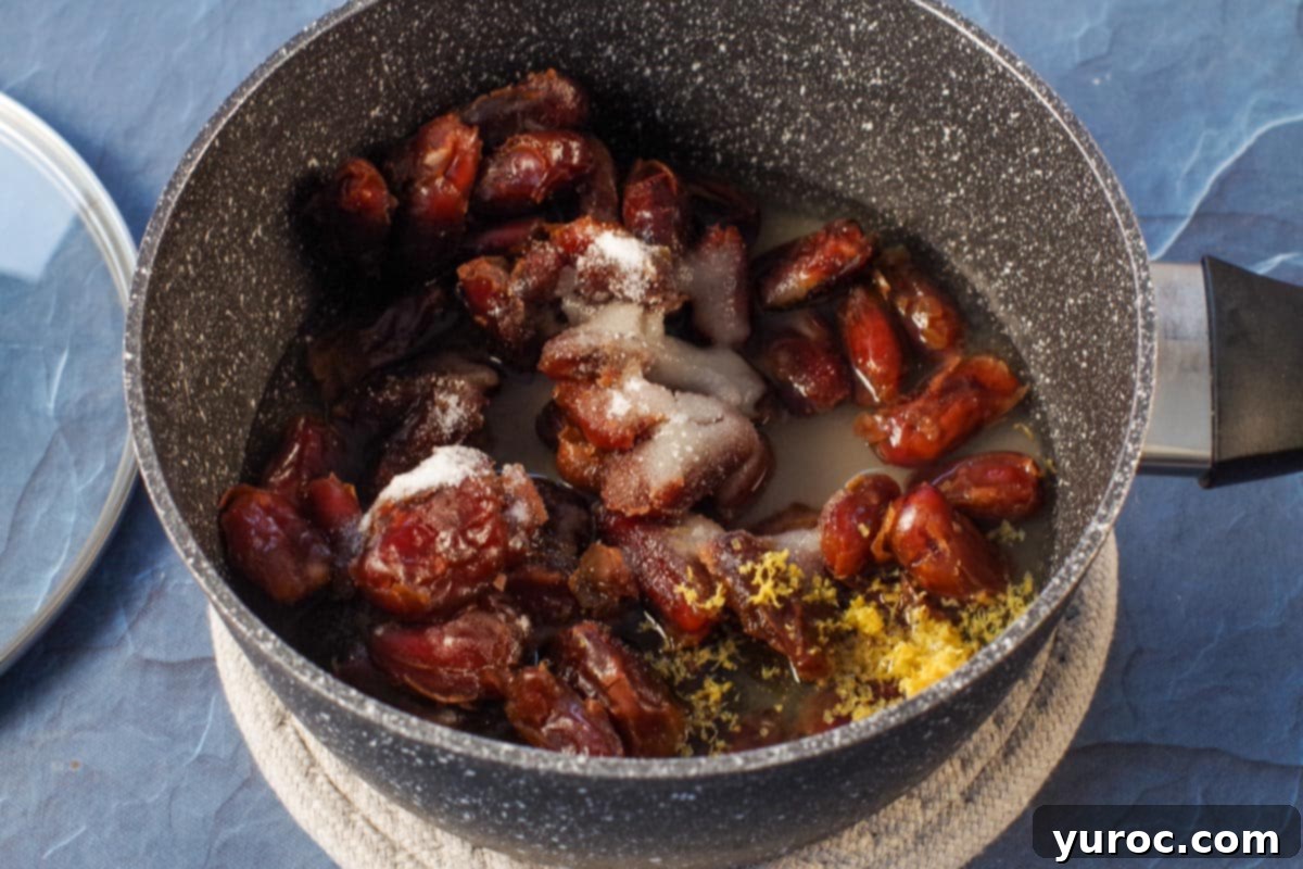 dates, lemon juice, sugar, salt, lemon zest and water in a saucepan