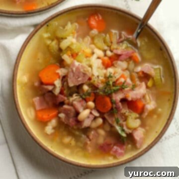 Ham and Bean soup in a brown bowl on white surface