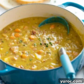 split pea soup in a blue soup pot with blue ladle