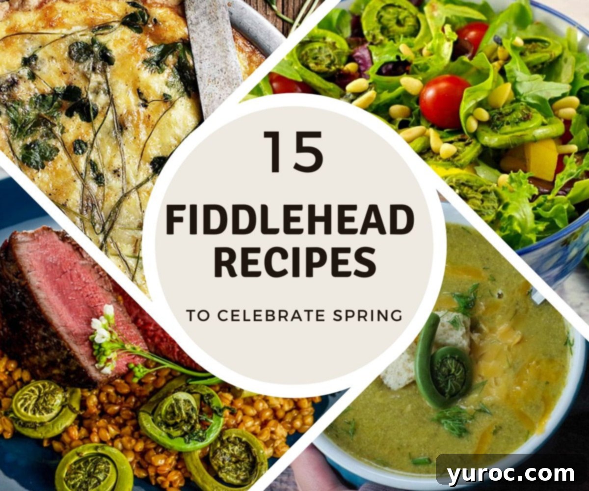 15 Creative Fiddlehead Dishes 2 collage of 4 photos of fiddlehead recipes, with a beige and white circle with text in the middle