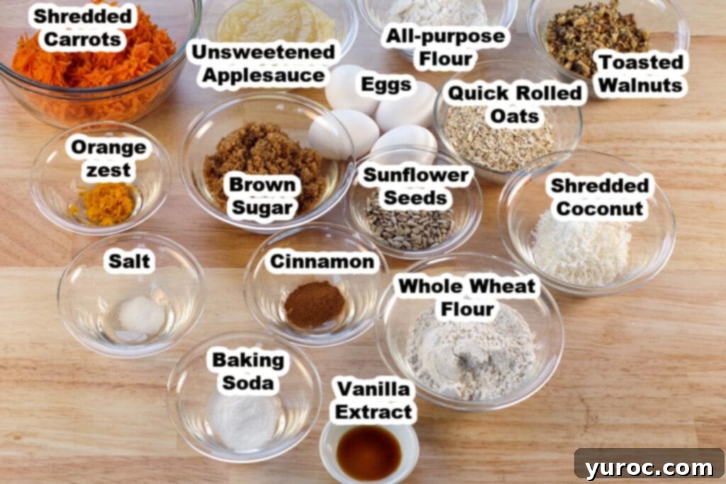 ingredients for morning glory muffins in glass bowls and labelled