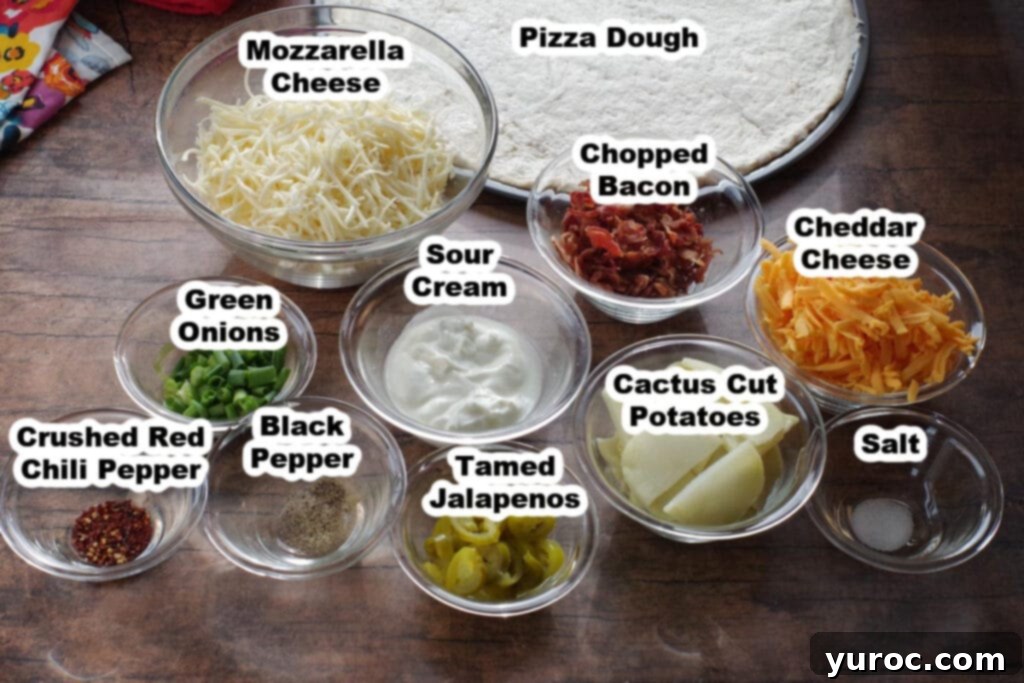 A collection of fresh ingredients for Perogy Pizza arranged in clear glass bowls, neatly labeled for easy identification.