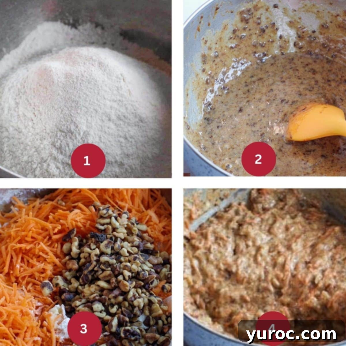 Guilt-Free Carrot Cake Delight 5 Collage of 4 photos of healthy weight watchers carrot cake batter being made.