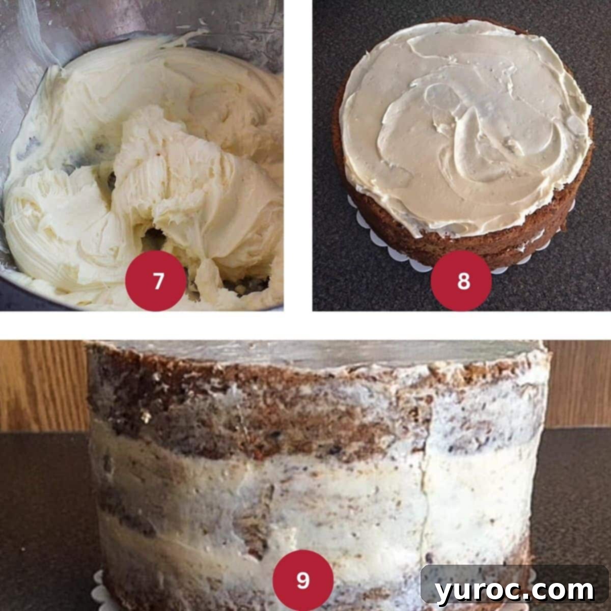 Guilt-Free Carrot Cake Delight 7 Collage of 3 images of frosting being made and cake being frosted