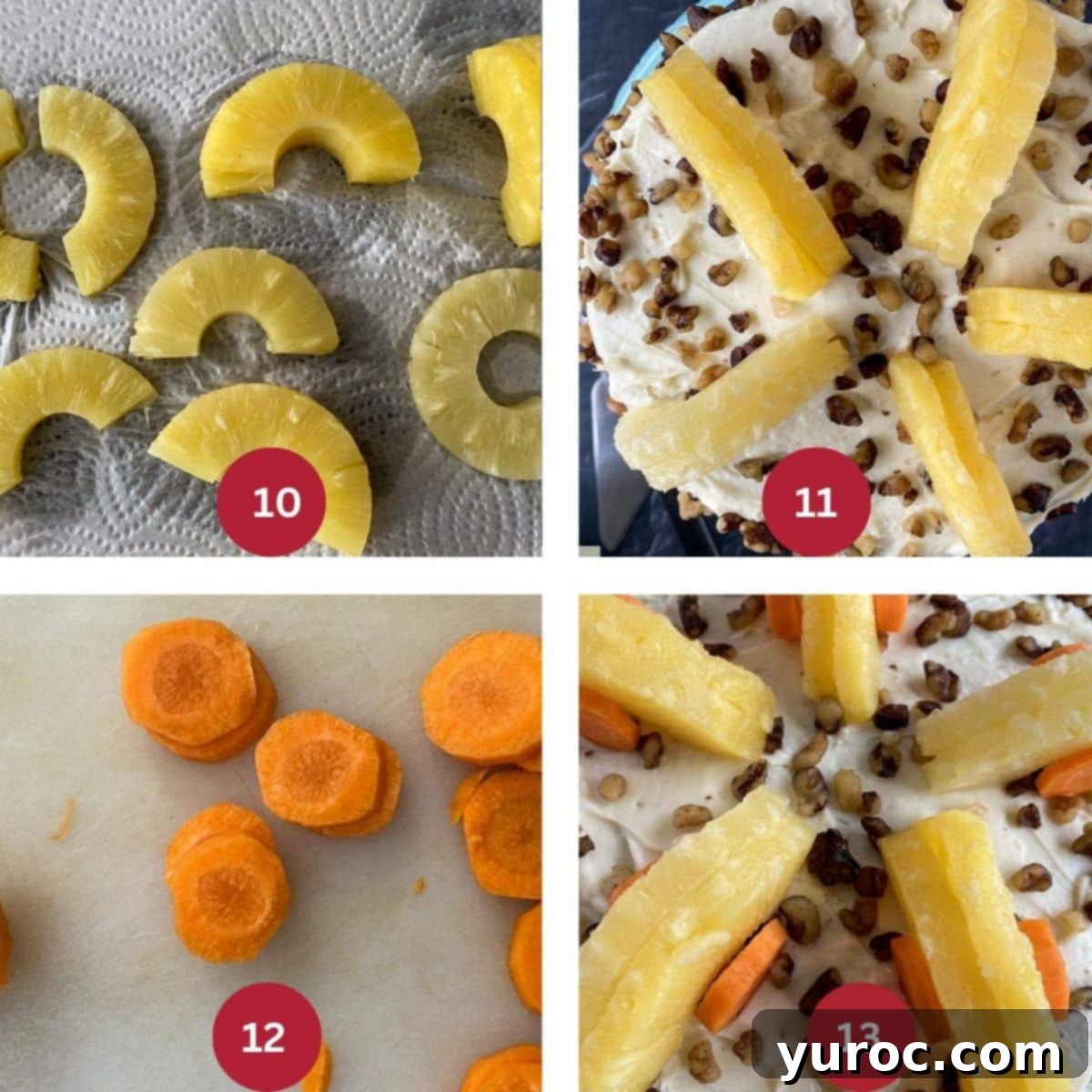 Guilt-Free Carrot Cake Delight 8 Collage of 4 photos of ww carrot cake being deocrated.