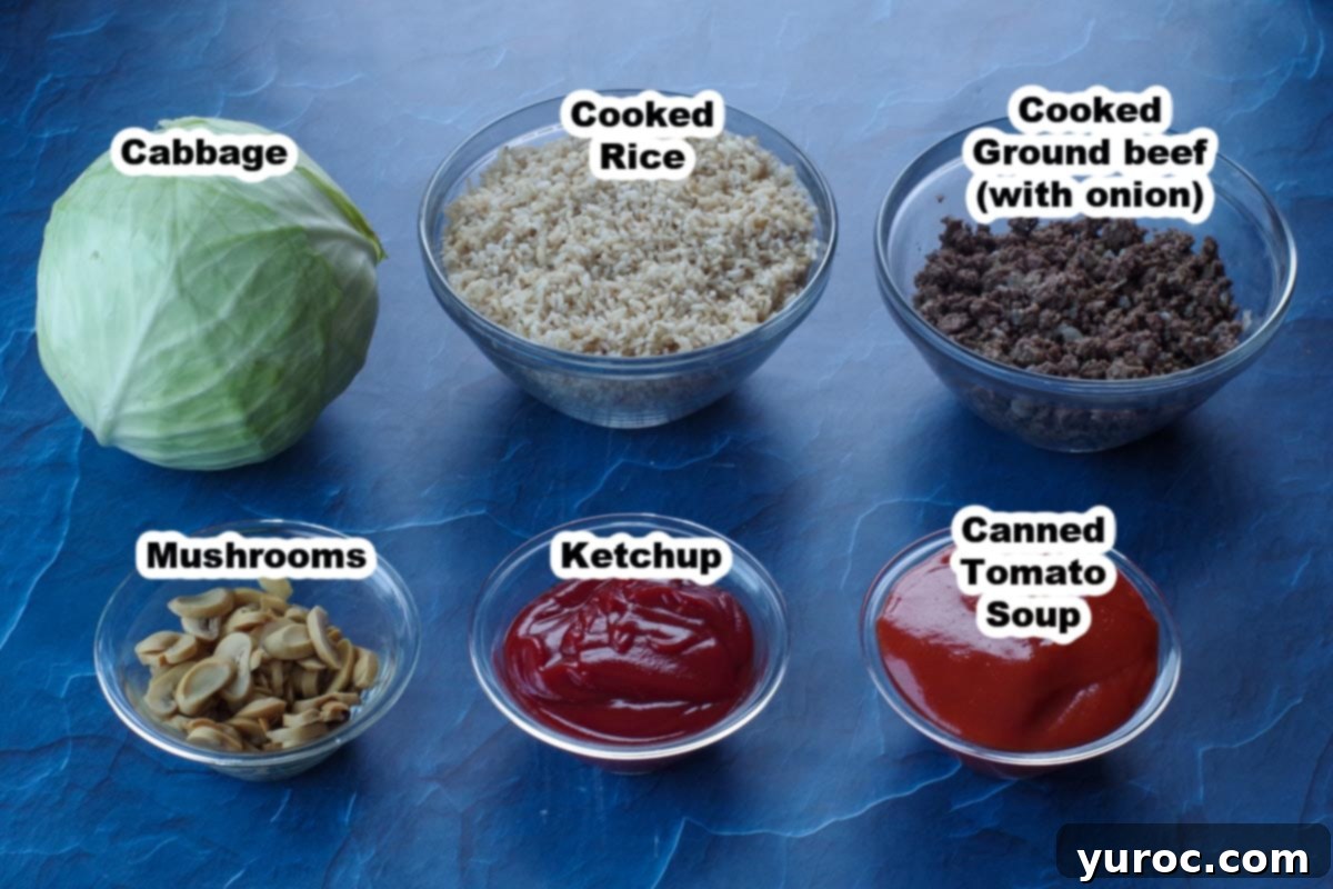 cabbage roll ingredients, labelled in glass bowls, on blue surface