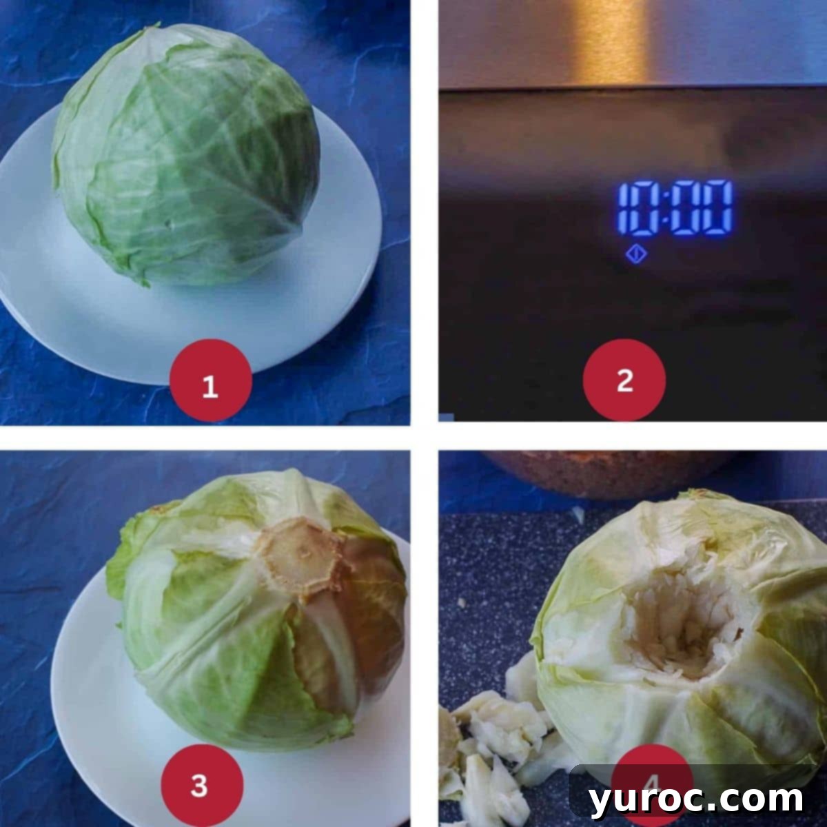Collage of 4 photos of cabbage being cooked for Cabbage Rolls