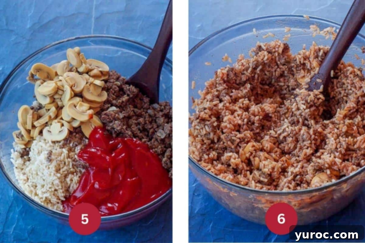 Collage of 2 photos of cabbage roll filling being made