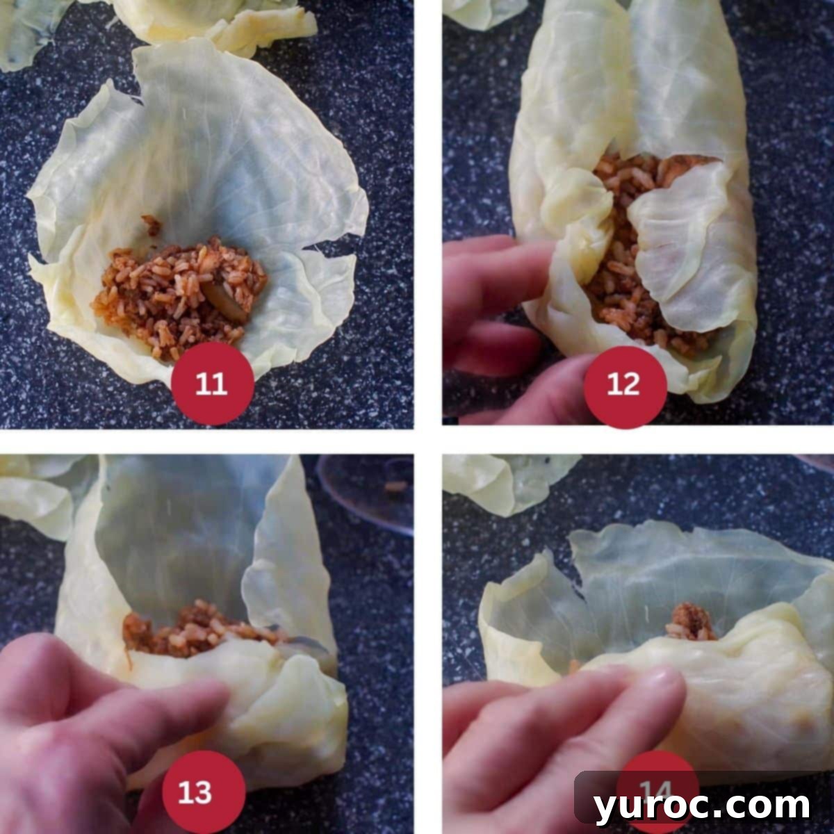 Collage of 4 photos of Ukrainian Cabbage rolls being rolled.
