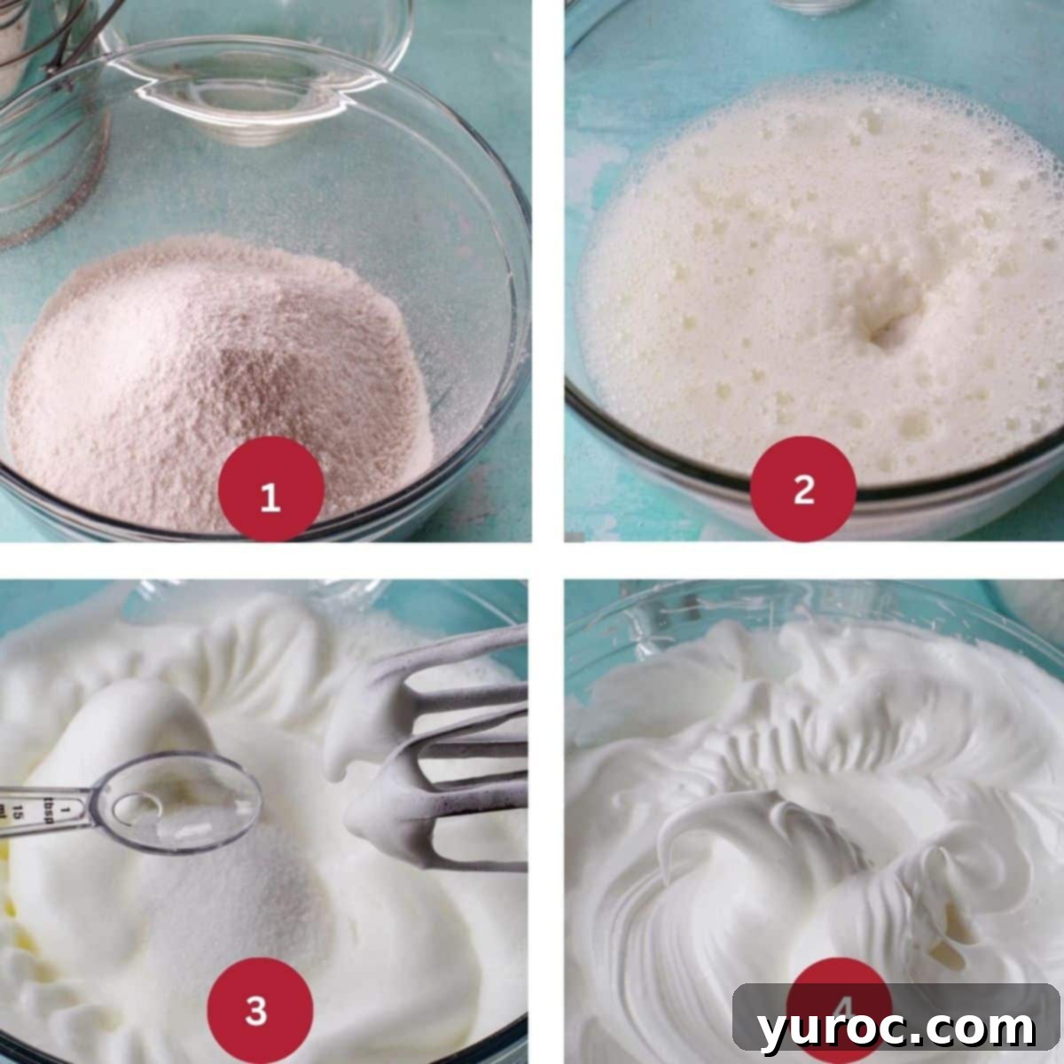 Collage of 4 photos of white cake batter being made for Daffodil Cake. 