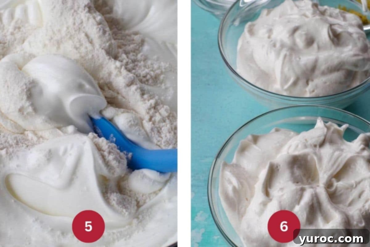 collage of 2 photos of daffodil egg white part of the batter being made