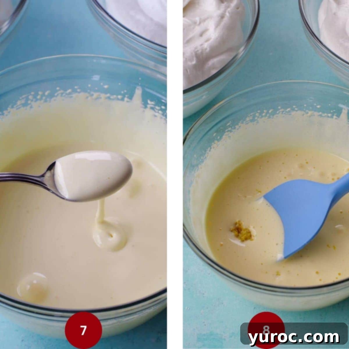 Collage of 2 photos of Daffodil Cake yellow batter being made.