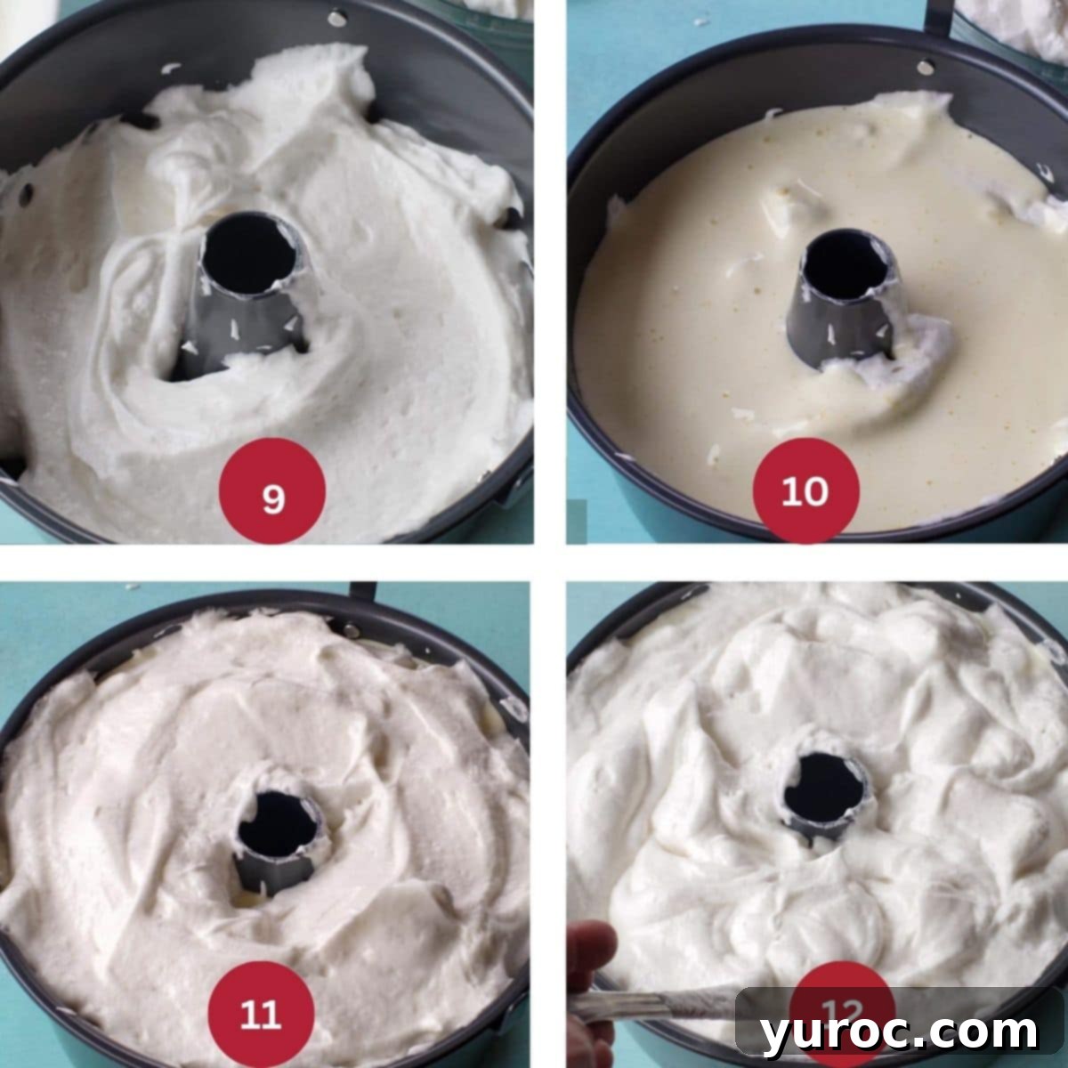 Collage of 4 photos of daffodil cake batter being mixed and combined for baking.
