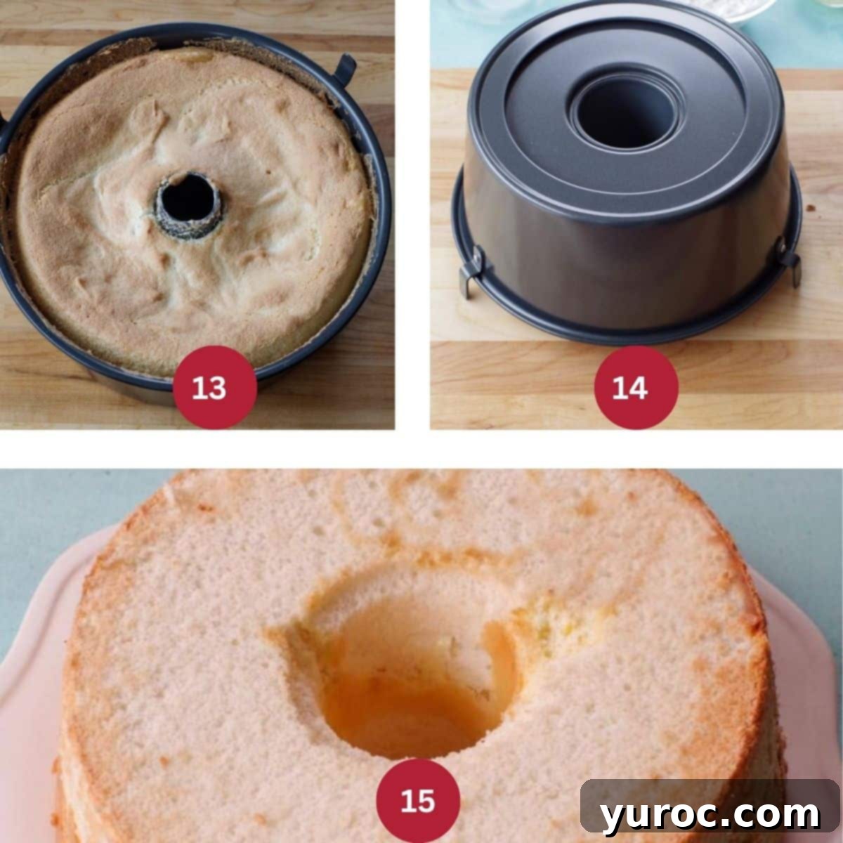 Collage of 3 photos of cake being baked and cooled.