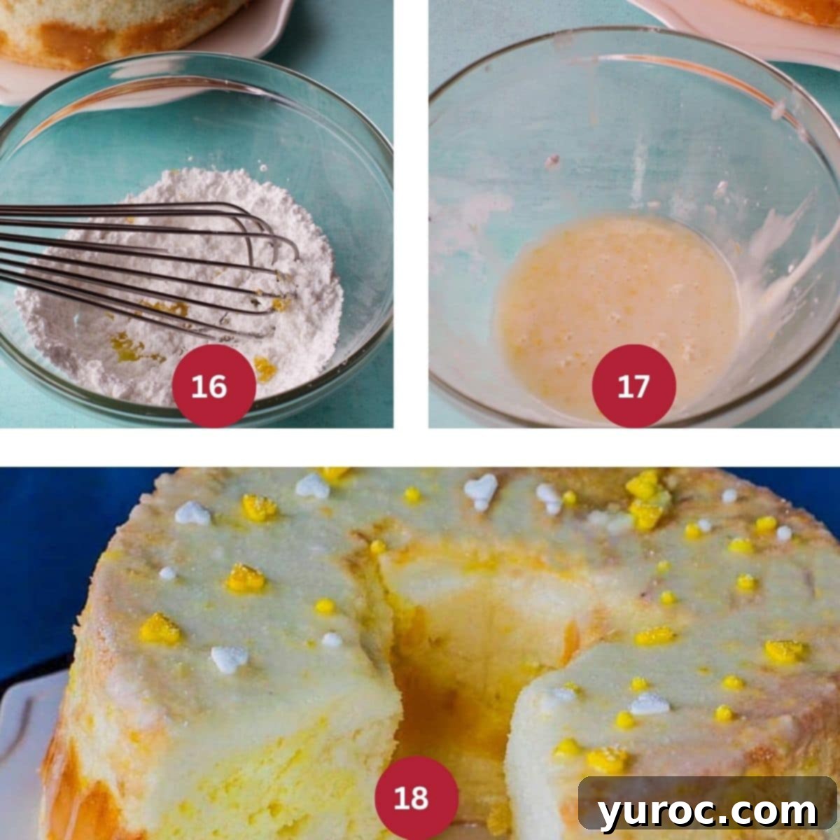 Collage of 3 photos of daffodil cake being glazed and decorated.