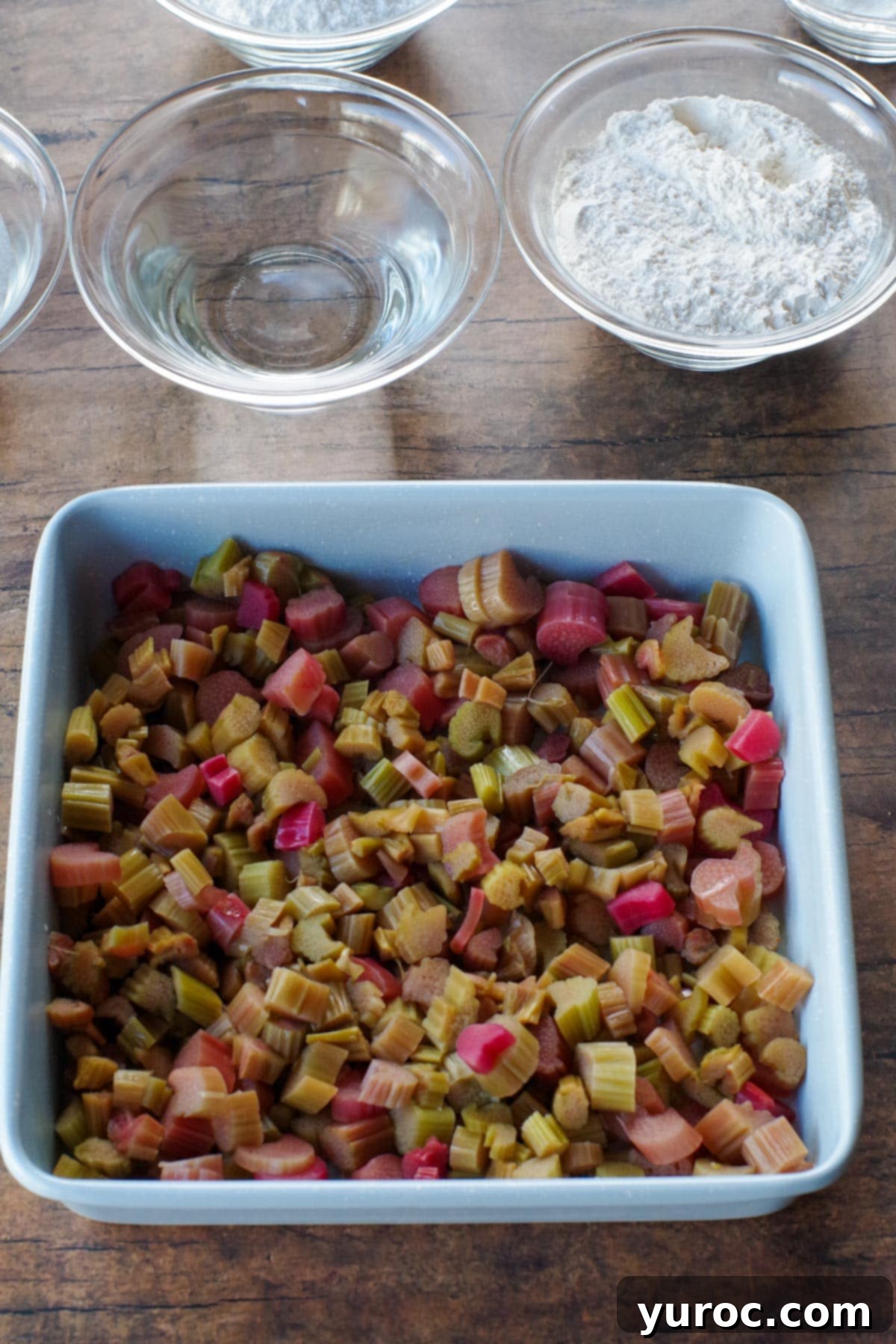 Freshly chopped rhubarb pieces neatly arranged at the bottom of a blue baking pan, ready for the pudding batter.