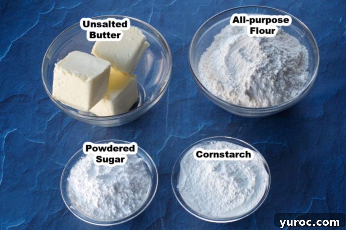whipped shortbread ingredients, labelled, in glass bowls, on blue surface