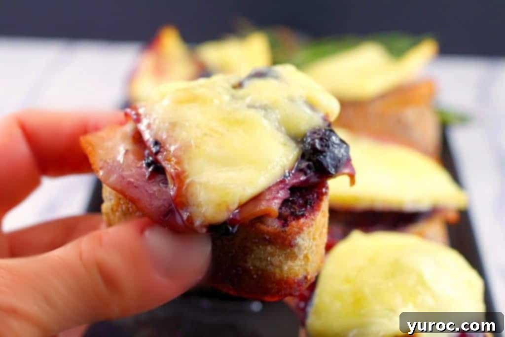 A single Turkey Brie Bite held by hand, showcasing the melted brie, turkey, and jam on a baguette slice, with a tray of more bites in the background.