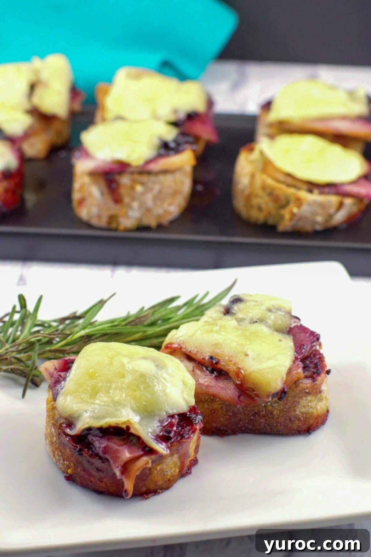 Two Turkey Brie Crostini on a white plate, with a black platter holding more crostini in the soft-focus background.
