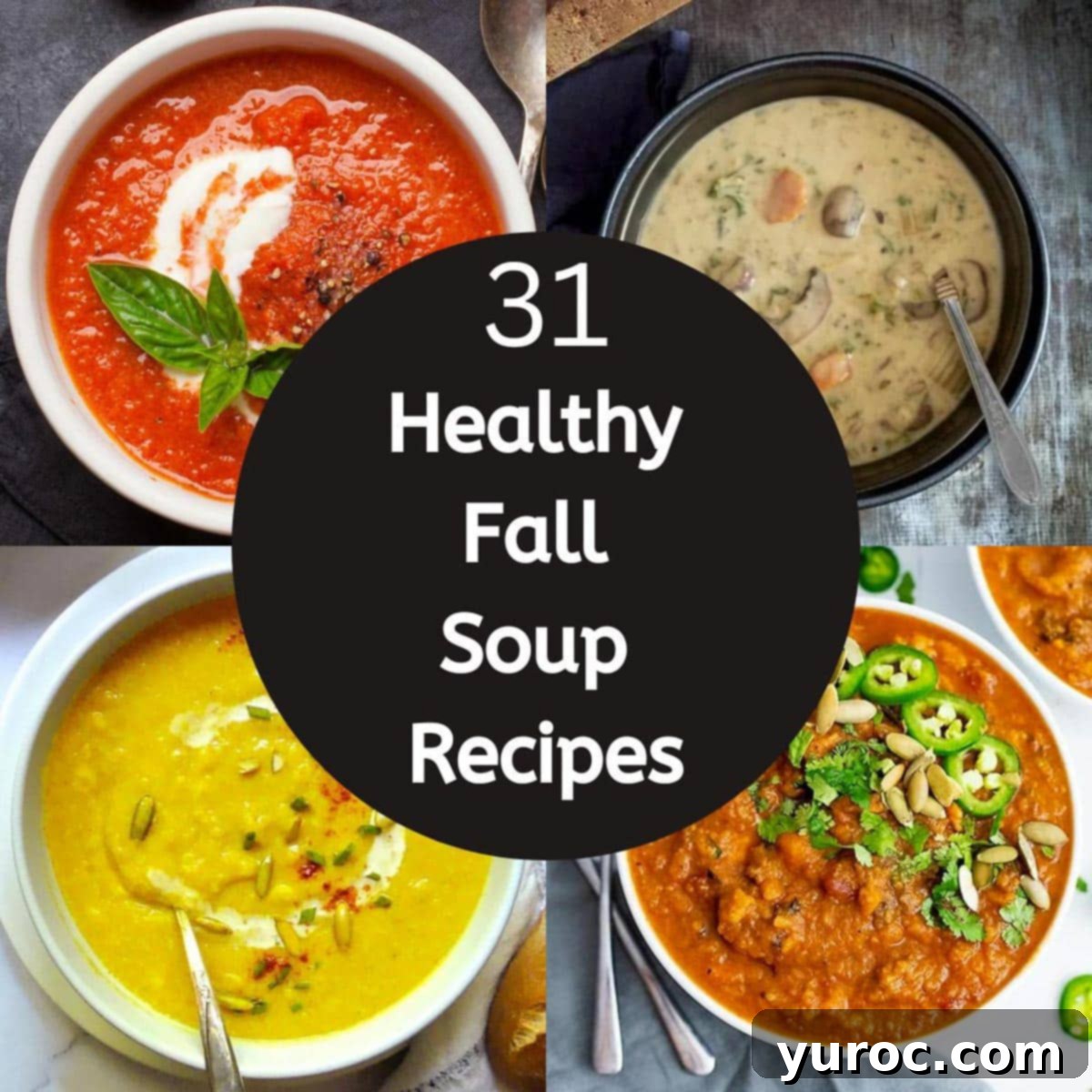 Four beautifully plated healthy fall soups in various bowls, with autumn-themed garnishes and a central graphic indicating 'Healthy Soups for Fall Recipes'