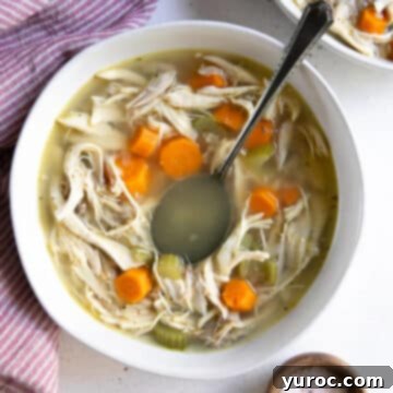Comforting Chicken Noodle Soup in a white bowl with a spoon, showcasing tender chicken, noodles, and vegetables.