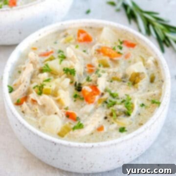 Healthy Chicken Pot Pie Soup in a white bowl, with another bowl and fresh herbs artfully arranged in the background.