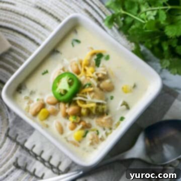 Slow Cooker White Bean and Chicken Enchilada Soup in a white bowl, garnished with fresh herbs, with more herbs visible in the background.
