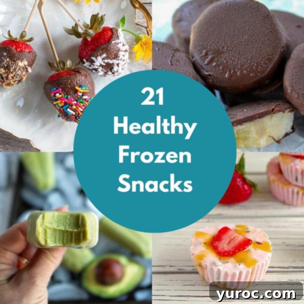 A collage of four vibrant photos showcasing various healthy frozen snacks, including fruit pops, yogurt bark, and chocolate-covered treats, with text in the middle.