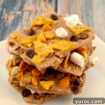 Pieces of rocky road chocolate frozen yogurt bark stacked on a pristine white plate.
