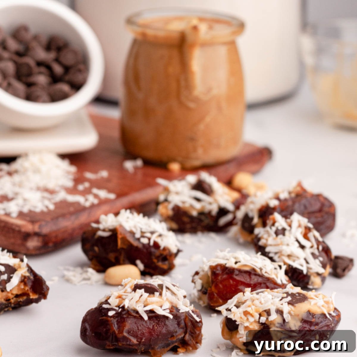 Delicious peanut butter dates, neatly arranged, showcasing their rich filling.