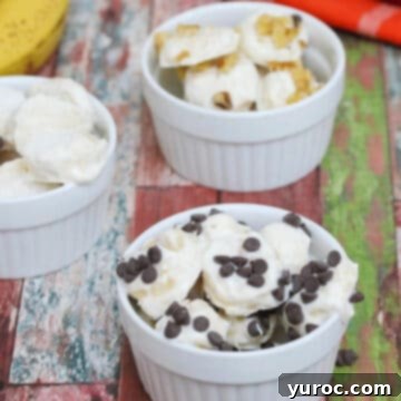 Frozen yogurt banana bites presented in three individual ramekin bowls.