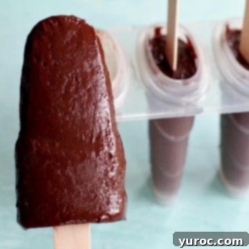 A chocolate banana fudge popsicle with a silicone popsicle mold in the soft-focused background.