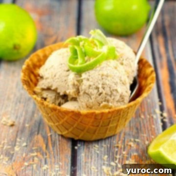 Banana nice cream served in a waffle cone bowl with a spoon, garnished with coconut flakes and lime zest, and whole limes in the background.