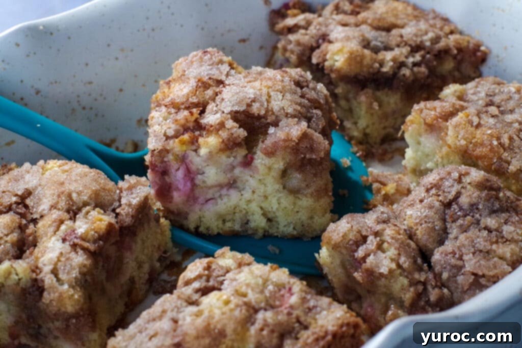 rhubarb coffee cake cup up, in off-white baking dish, with piece being lifted out with blue spatula