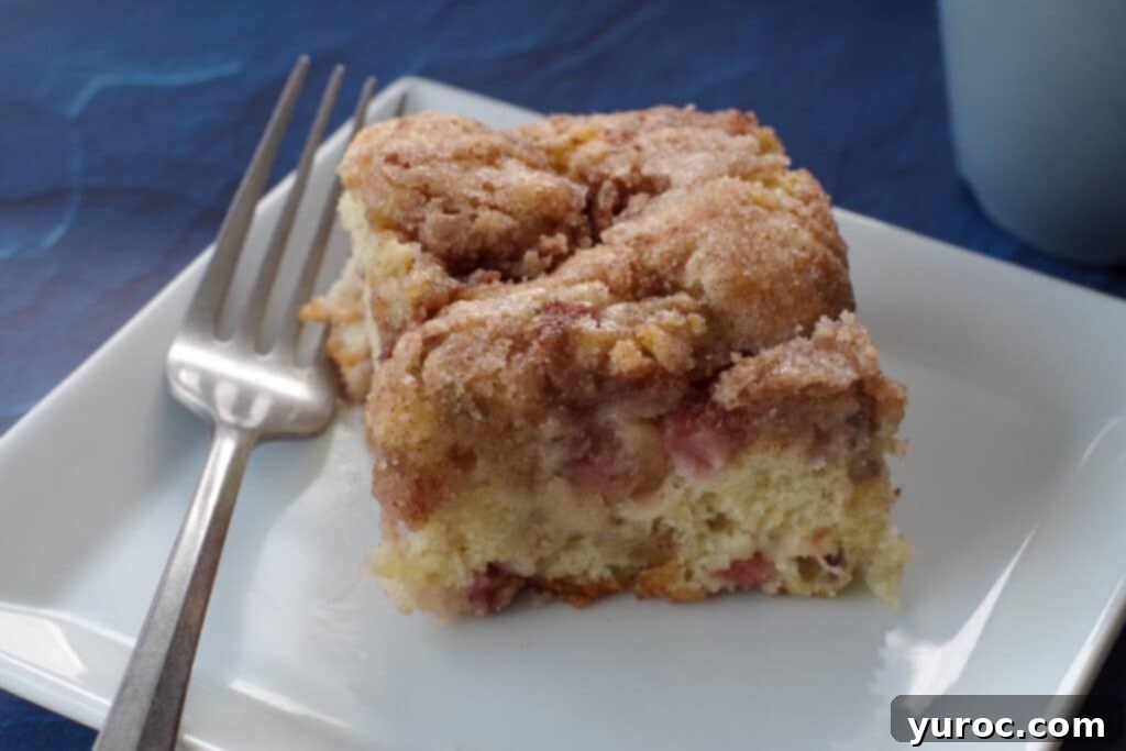 piece of rhubarb coffee cake on a white plate with a fork on the side, on a blue surface