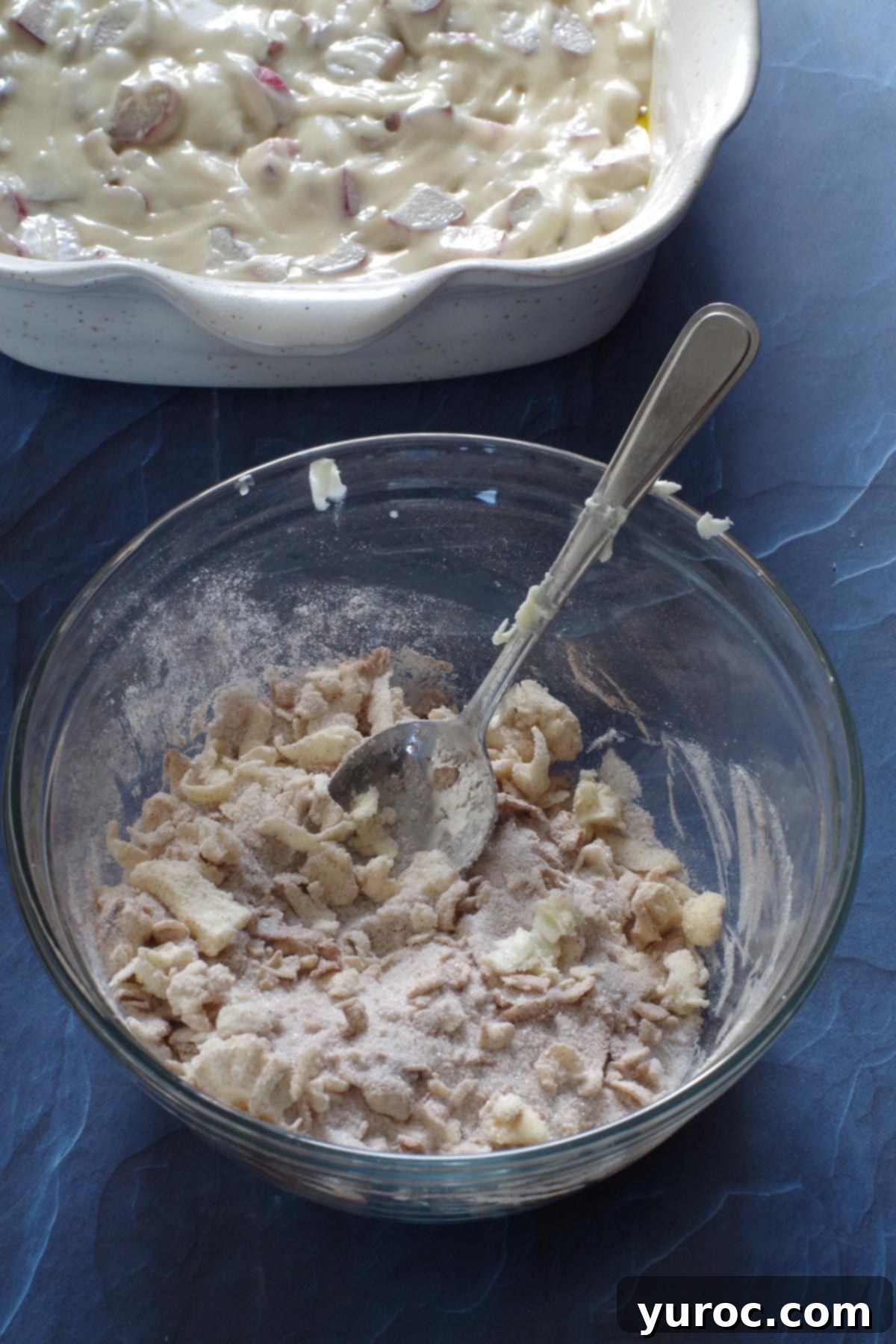 crumble topping mixed together in glass bowl