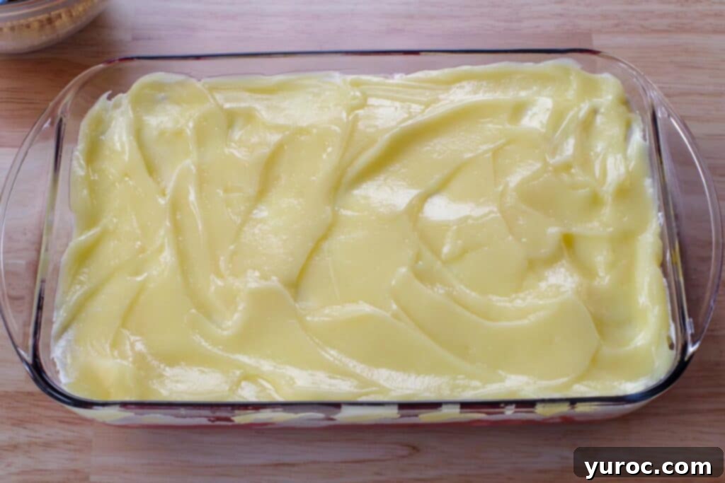 No-Bake Rhubarb Delight 11 vanilla pudding spread over whipped cream/marshmallow layer